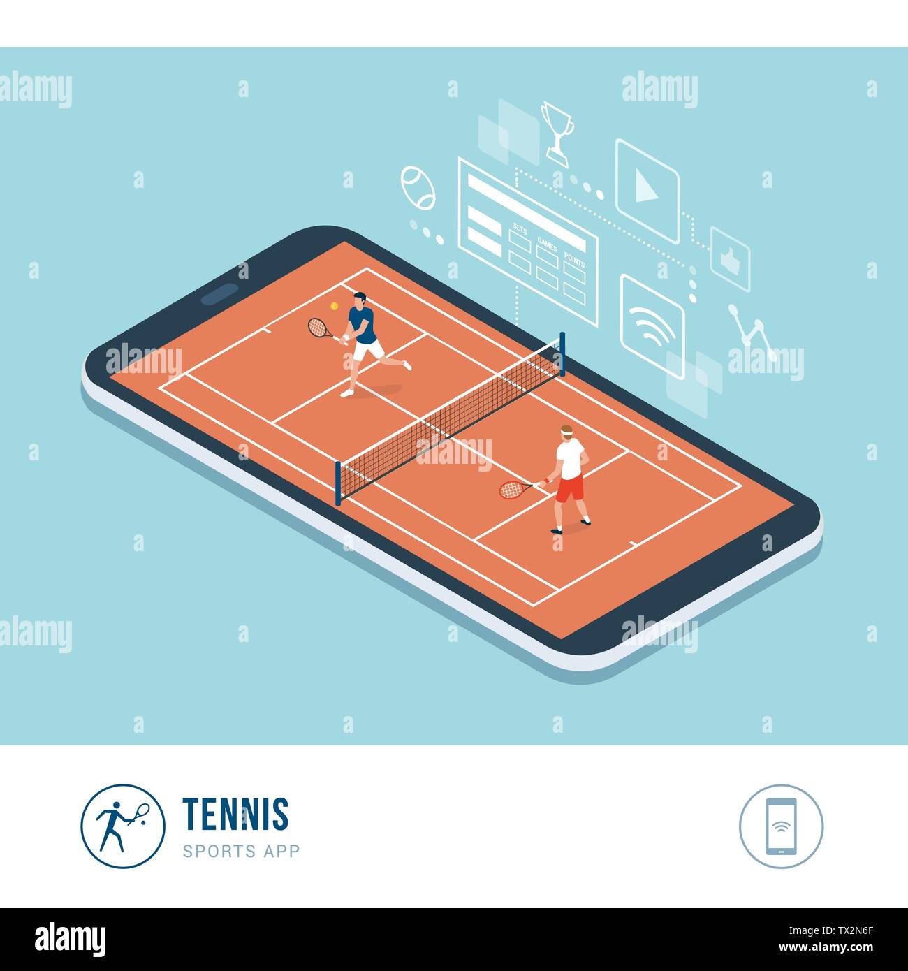 Professionelle Sport Wettbewerb: Tennis Spieler während eines Spieles, mobile App Stock Vektor