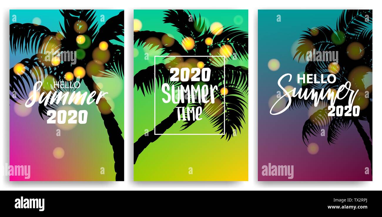 Verschwommen Gruß Hallo Sommer Banner. Vintage Retro Ferienhäuser Poster. Set Saison werben Verkauf vektor Hintergründe. Sunset, Sunrise Tropical trave Stock Vektor