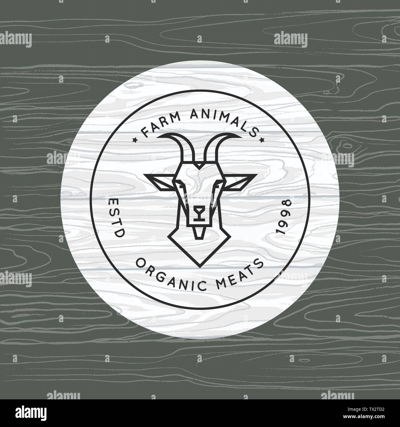 Eine Ziege ist in einem linearen Stil für eine Farm Logo auf dem Hintergrund der Vektor Holz Textur gezeichnet. Stock Vektor