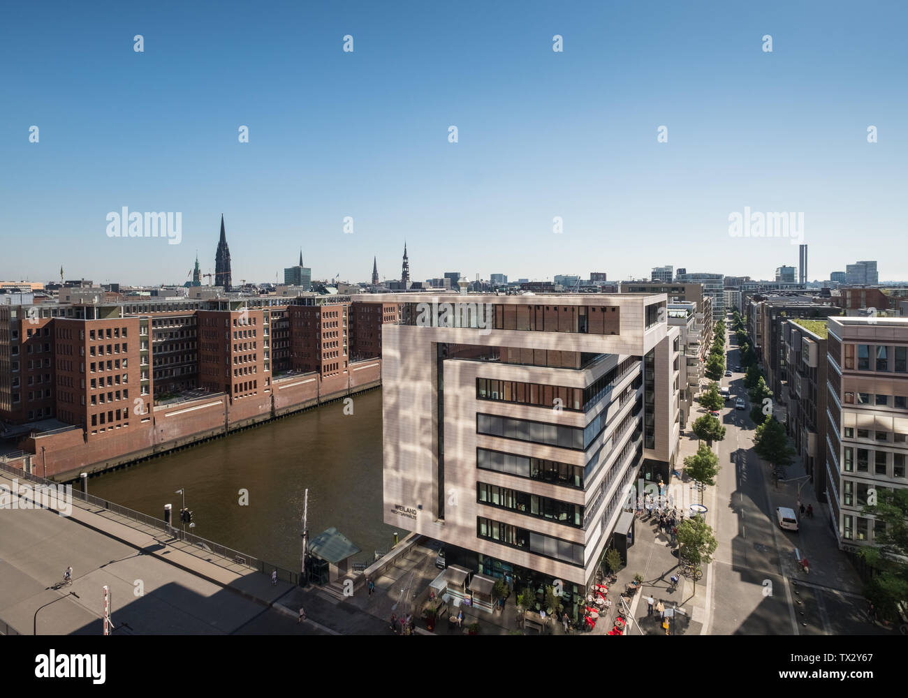 Luftaufnahme Sandtorhafen Speicherstad und Hafen, HafenCity, Hamburg, Deutschland Stockfoto