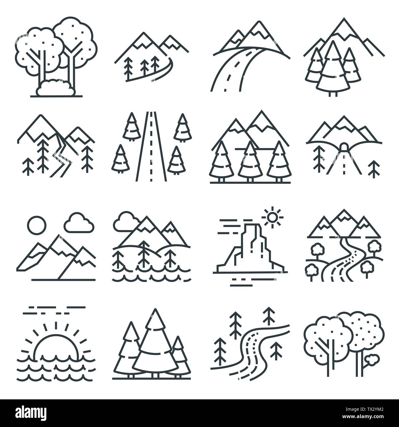 Natur Landschaft Symbole, dünne Linie Stil. Wald und Tal, park Image, des ländlichen Raums und der Landwirtschaft Umwelt Stock Vektor