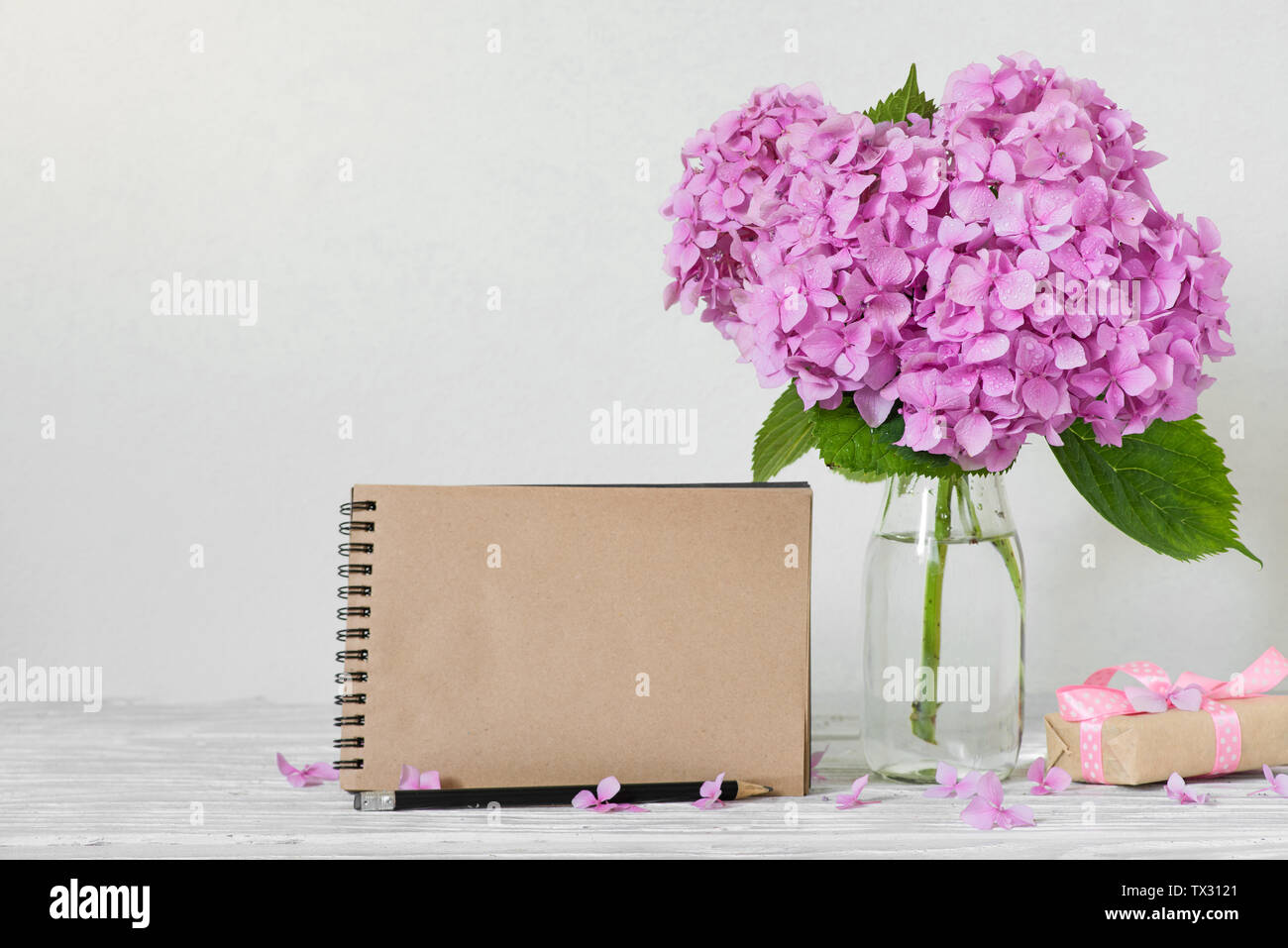 Leere Grußkarte mit rosa Hortensie Blumen und Geschenk Box auf weißem Hintergrund. Moderne noch leben. Hochzeit Hintergrund Stockfoto