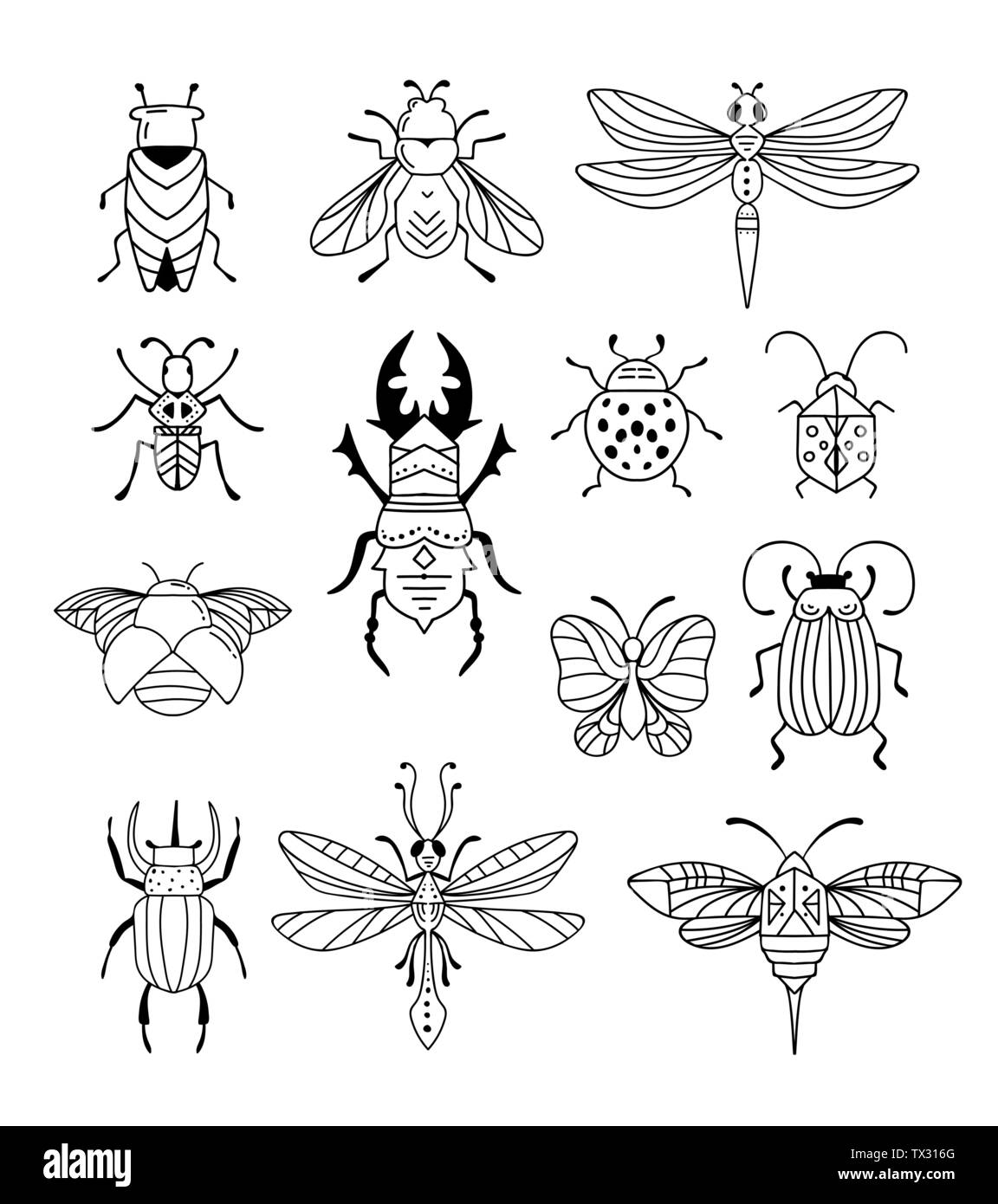 Ungeziefer, Insekten, Schmetterling, Marienkäfer, Käfer, Schwalbenschwanz, libelle Sammlung. Moderne Icons, Symbole und Abbildungen Stock Vektor