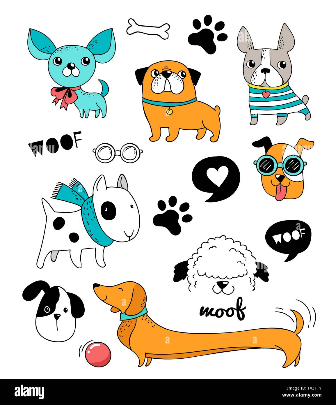 Lustige Hunde, Welpen Doodles, Skizzen und Abbildungen. Vector Icons Stock Vektor