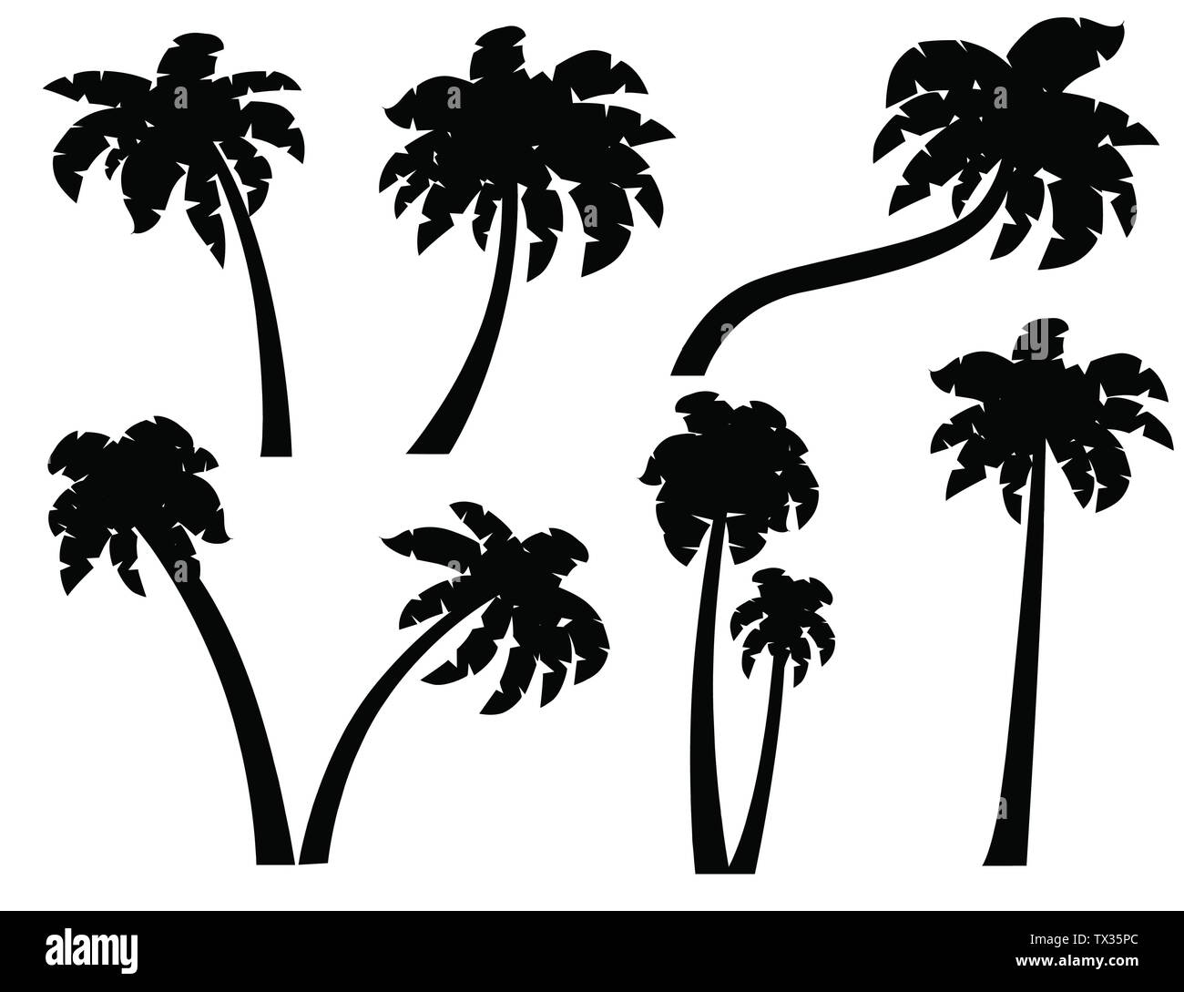 Schwarze Silhouetten von Palmen mit unterschiedlichen Trunks flachbild Vector Illustration auf weißem Hintergrund. Stock Vektor