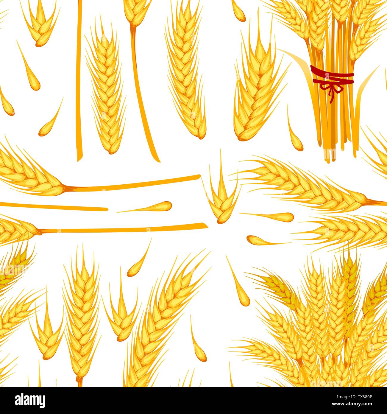 Nahtlose Muster von Weizen gelb reif Ährchen und Körner von Weizen flachbild Vector Illustration auf weißem Hintergrund Stock Vektor