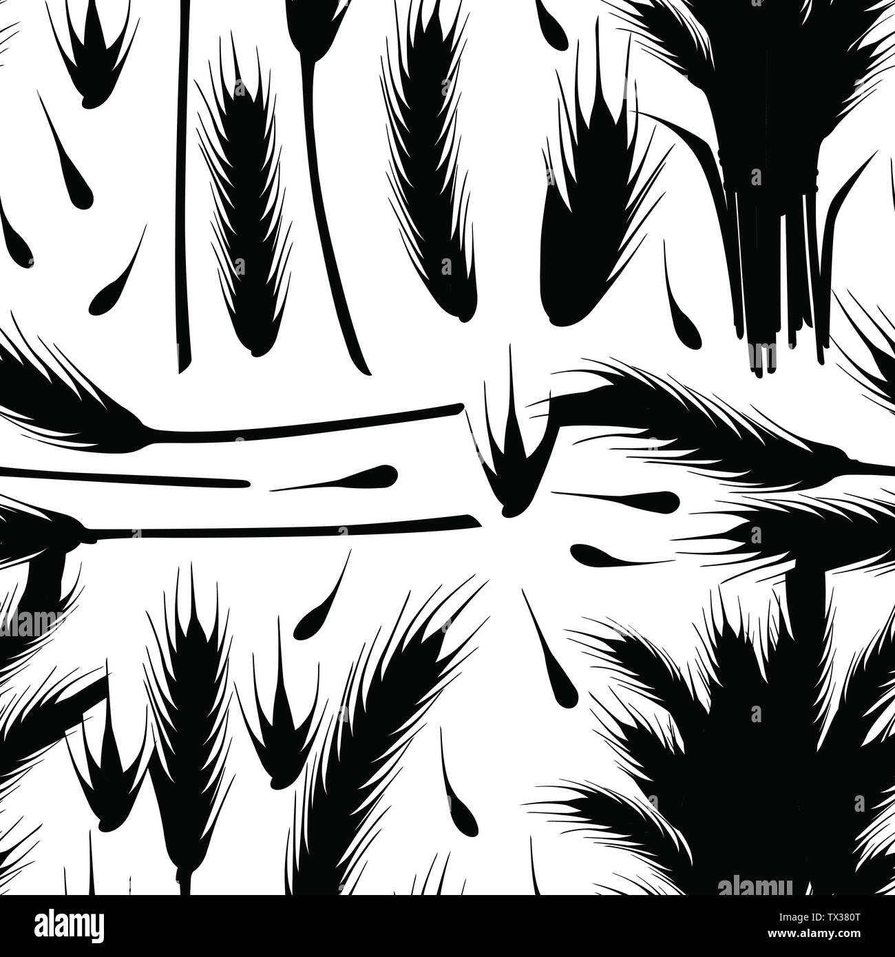 Schwarze Silhouetten nahtlose Muster von Weizen gelb reif Ährchen und Körner von Weizen flachbild Vector Illustration auf weißem Hintergrund Stock Vektor