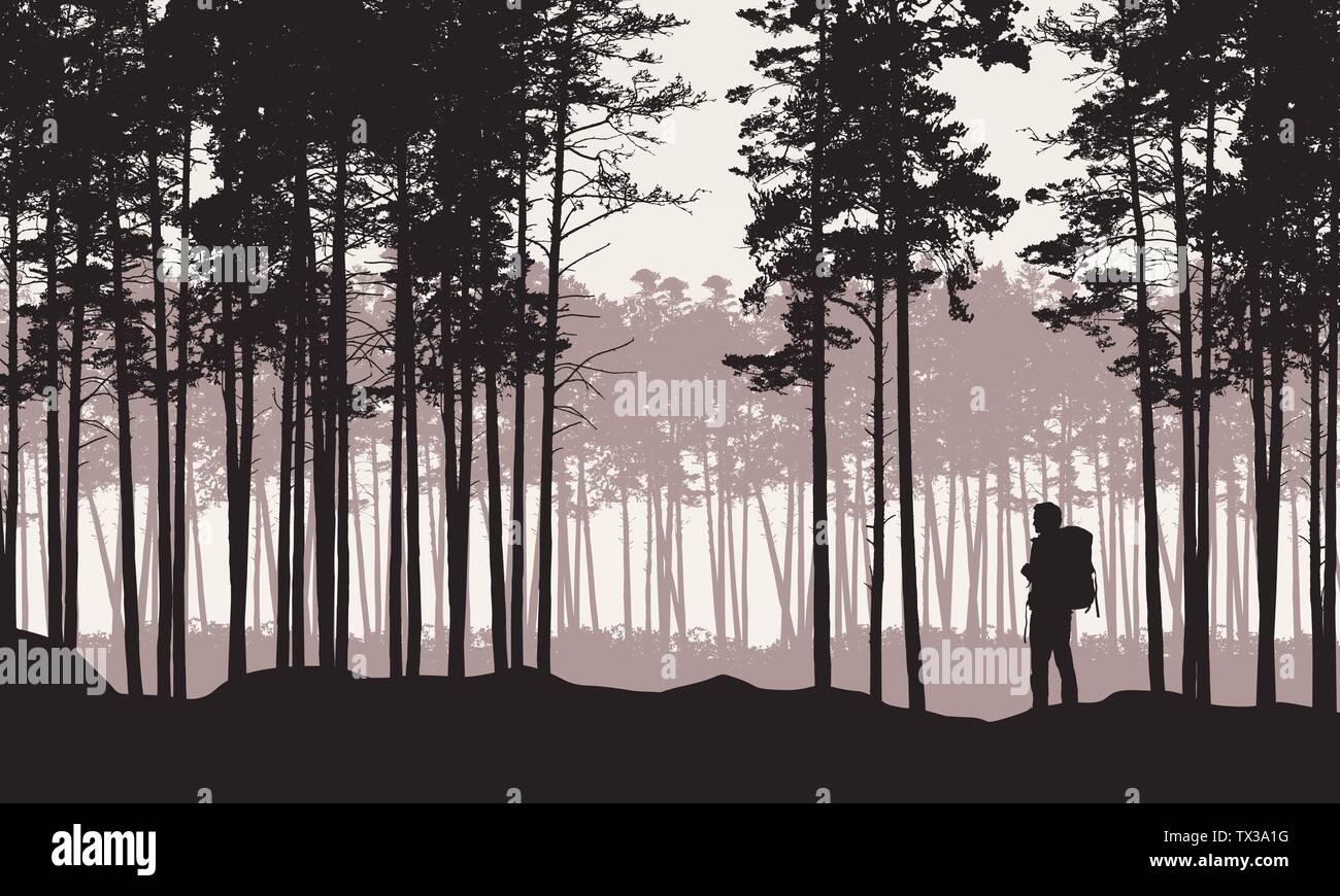 Realistische Darstellung der Landschaft mit Nadelwald mit Pinien unter retro Himmel. Mann Wanderer mit Rucksack auf einem Ausflug oder Spaziergang - Vektor Stock Vektor