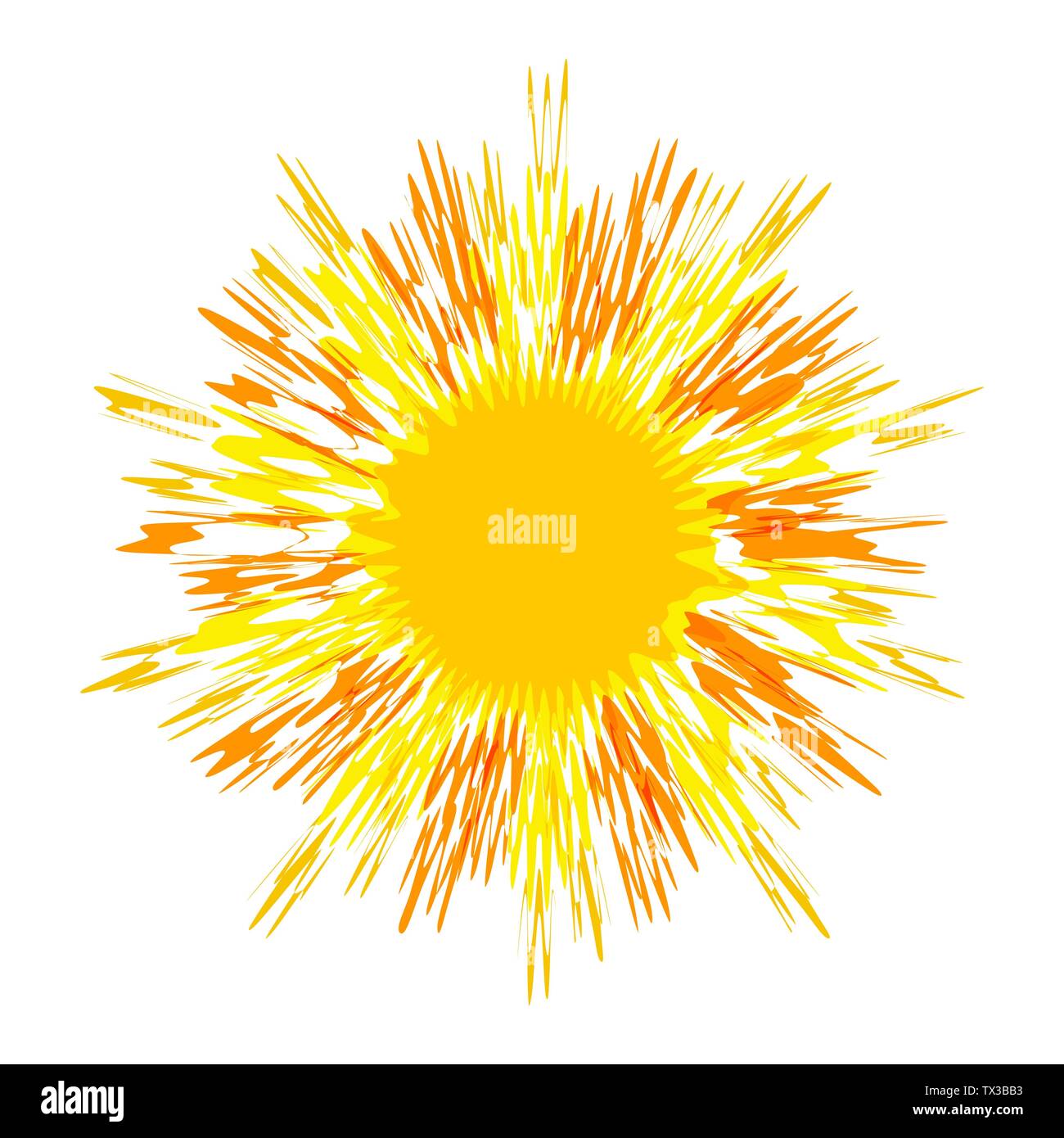Glühend heiße Sonne mit mehreren Strahlen, isoliert auf weißem backgrounm, Vector Illustration. Stock Vektor