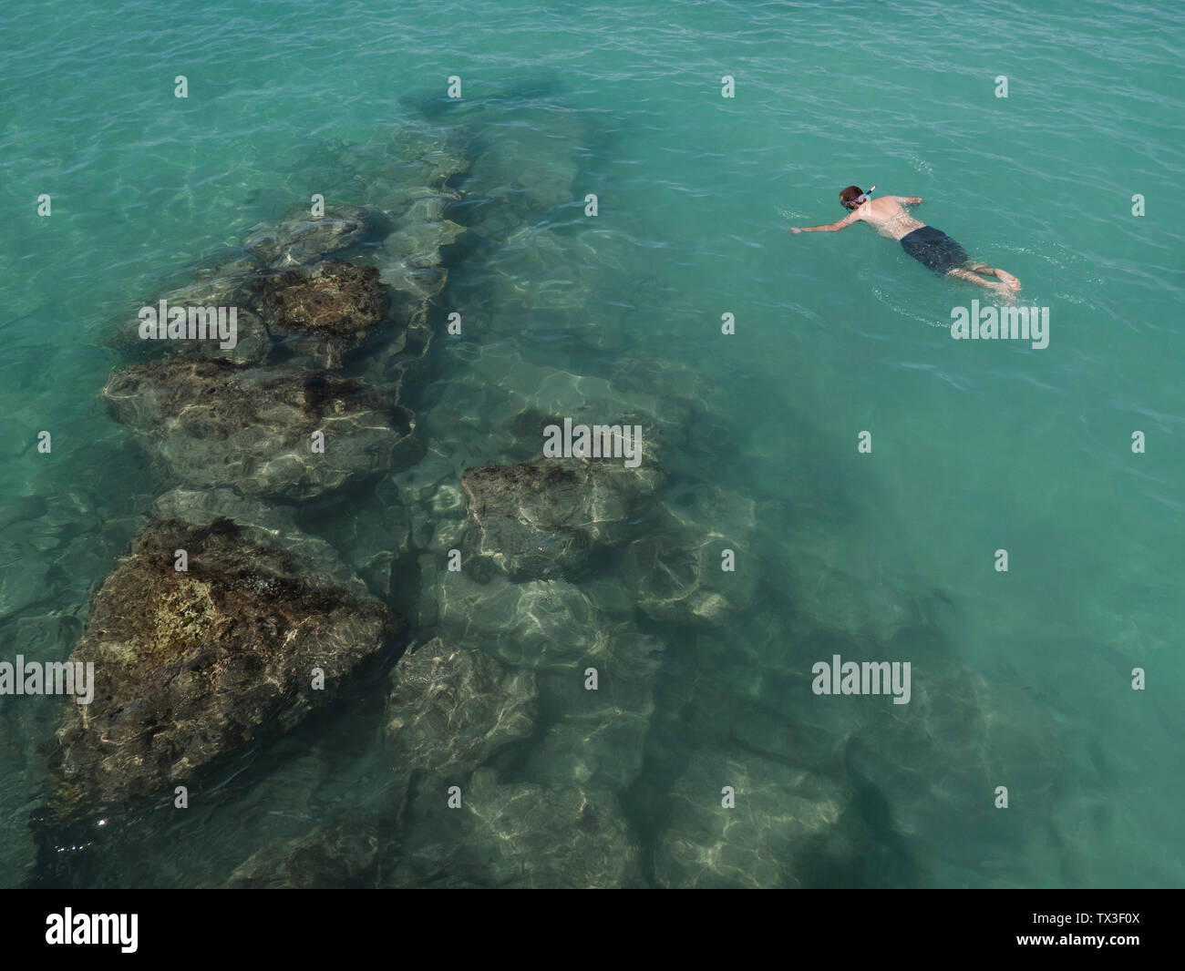 Man schnorcheln im türkisfarbenen Meer, Nassau, Bahamas Stockfoto