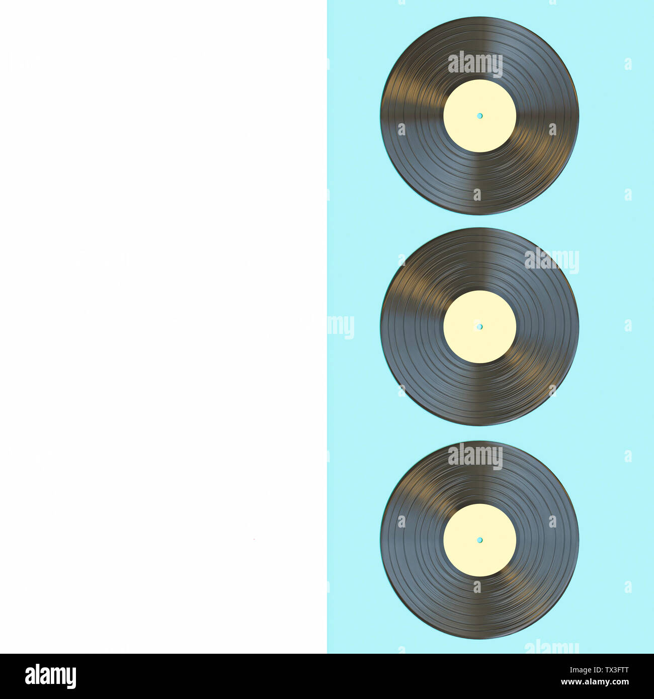 3D-Render Bild eines klassischen Schallplatte auf einem hellblauen und weißen Hintergrund in einem flach Stil. Stockfoto