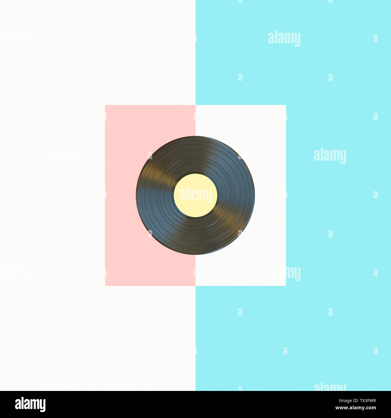 3D-Render Bild eines klassischen Schallplatte auf hellem Blau, Rosa und weissen Hintergrund in einem flach Stil. Stockfoto