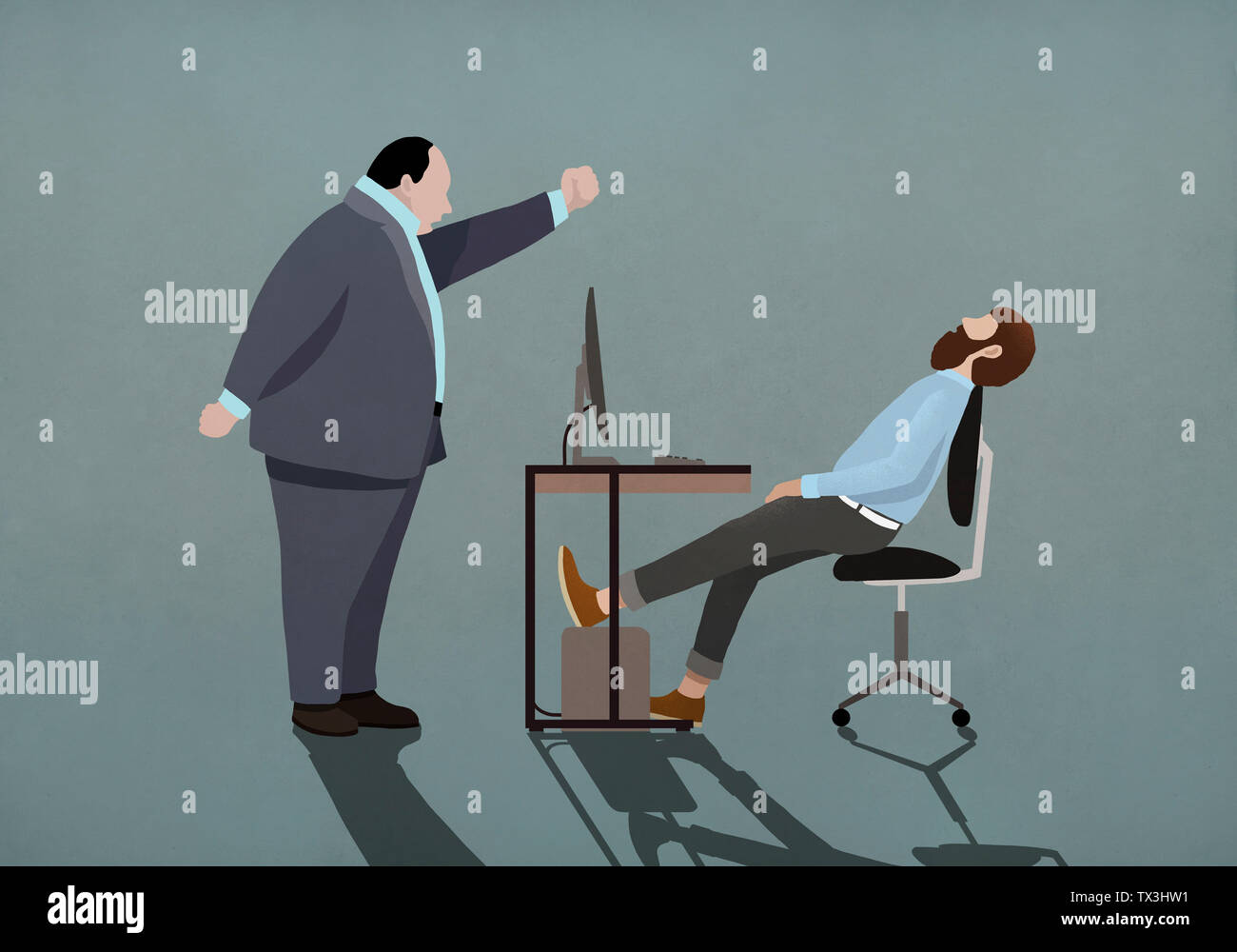 Angry Chef schütteln Faust in Schlaf Geschäftsmann im Büro Stockfoto
