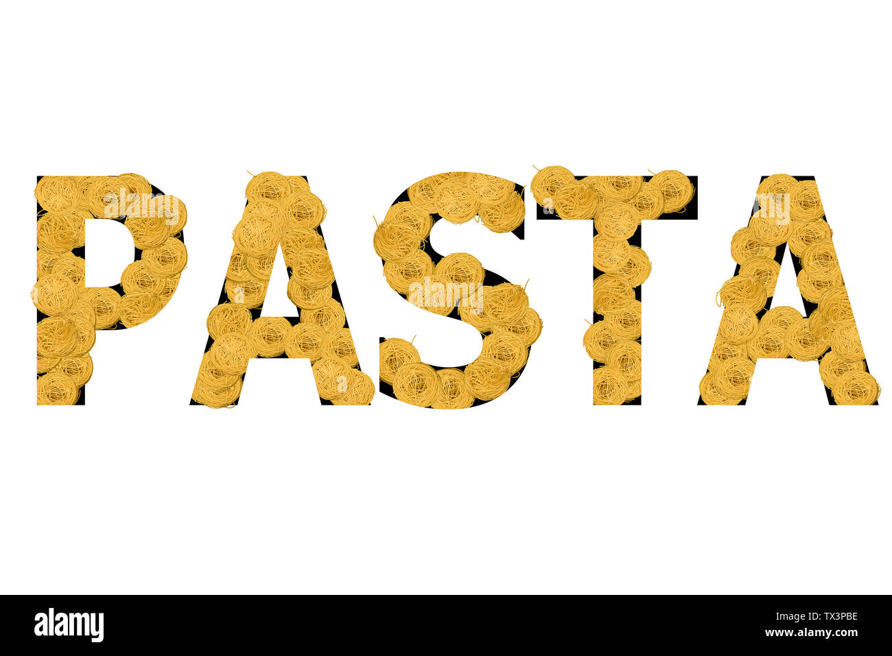 Wort Pasta erstellt aus dem Sortiment von Nudeln auf weißem Hintergrund Stockfoto