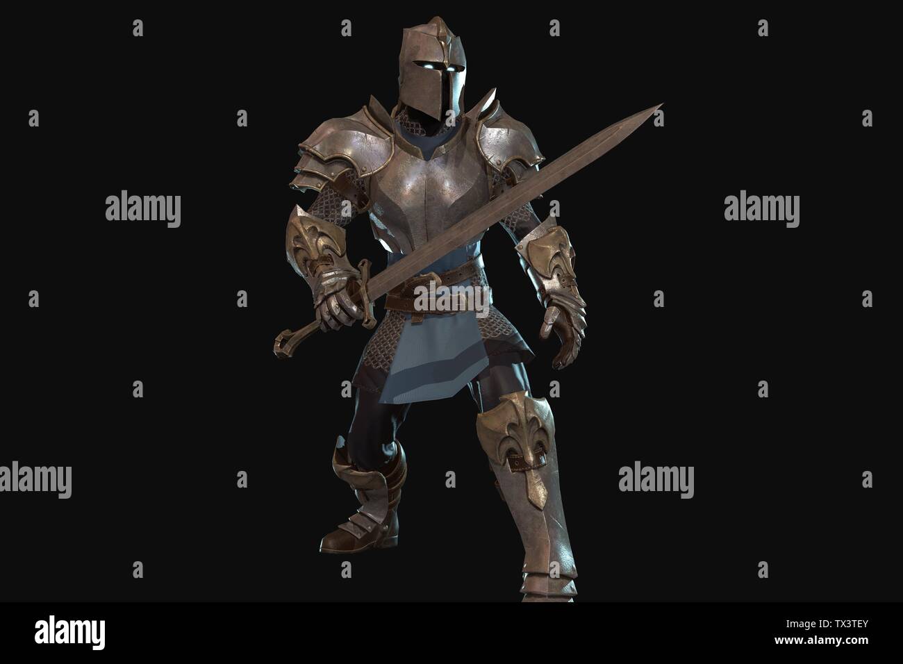 Fantasy Charakter Ritter mit Schwert in epische Pose - 3D-Render auf schwarzem Hintergrund Stockfoto