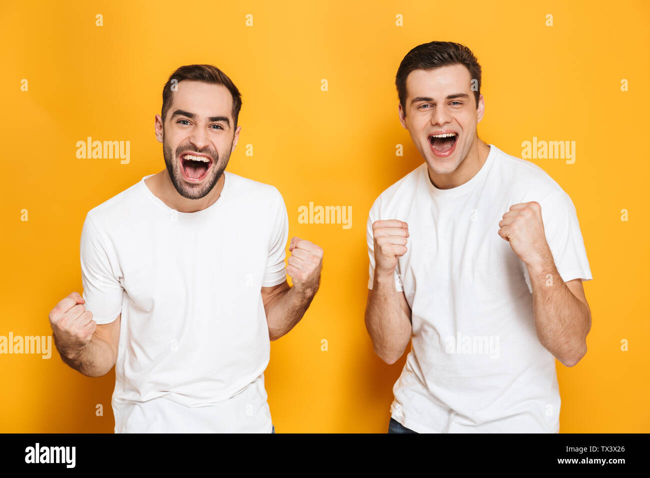 Zwei fröhliche aufgeregt Männer Freunde tragen Leer t-shirts über Gelb Hintergrund isoliert stehen, Erfolg feiern. Stockfoto