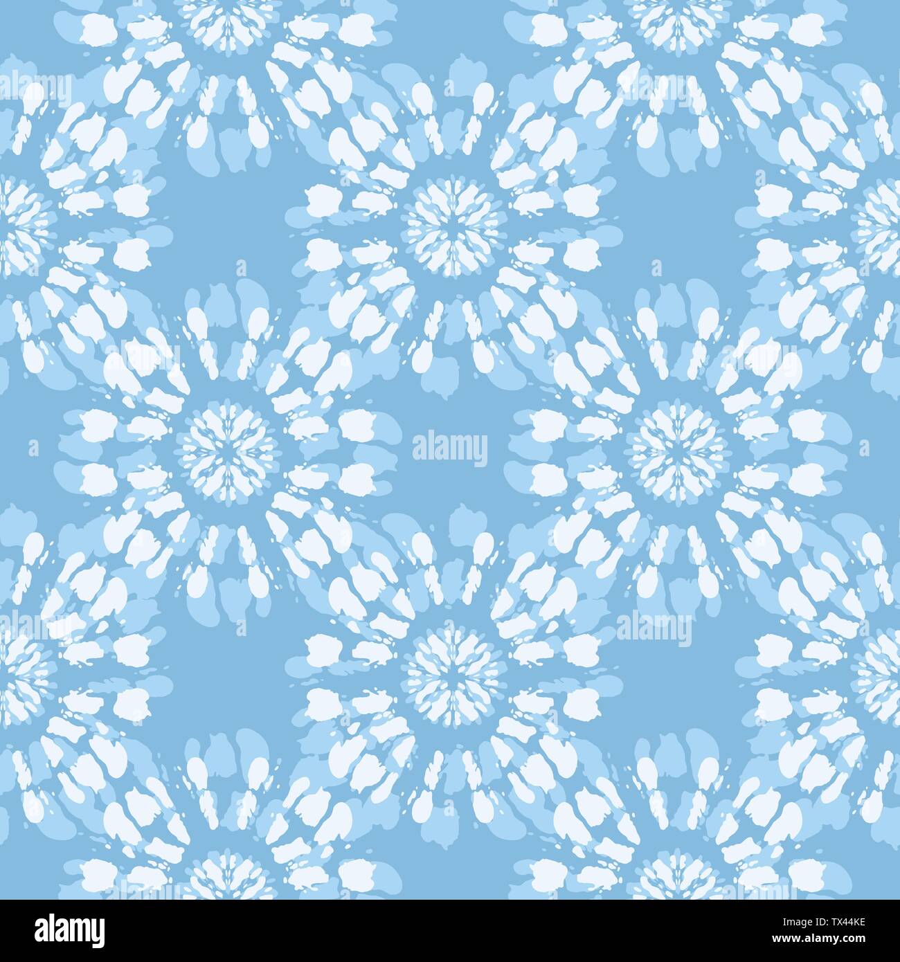 Boho Monochrome Jean Blau Tie-Dye Shibori gespiegelt Sunburst Mandala Hintergrund Vektor nahtlose Muster. Perfekt für den Frühling/Sommer Textilien, Schreibwaren Stock Vektor
