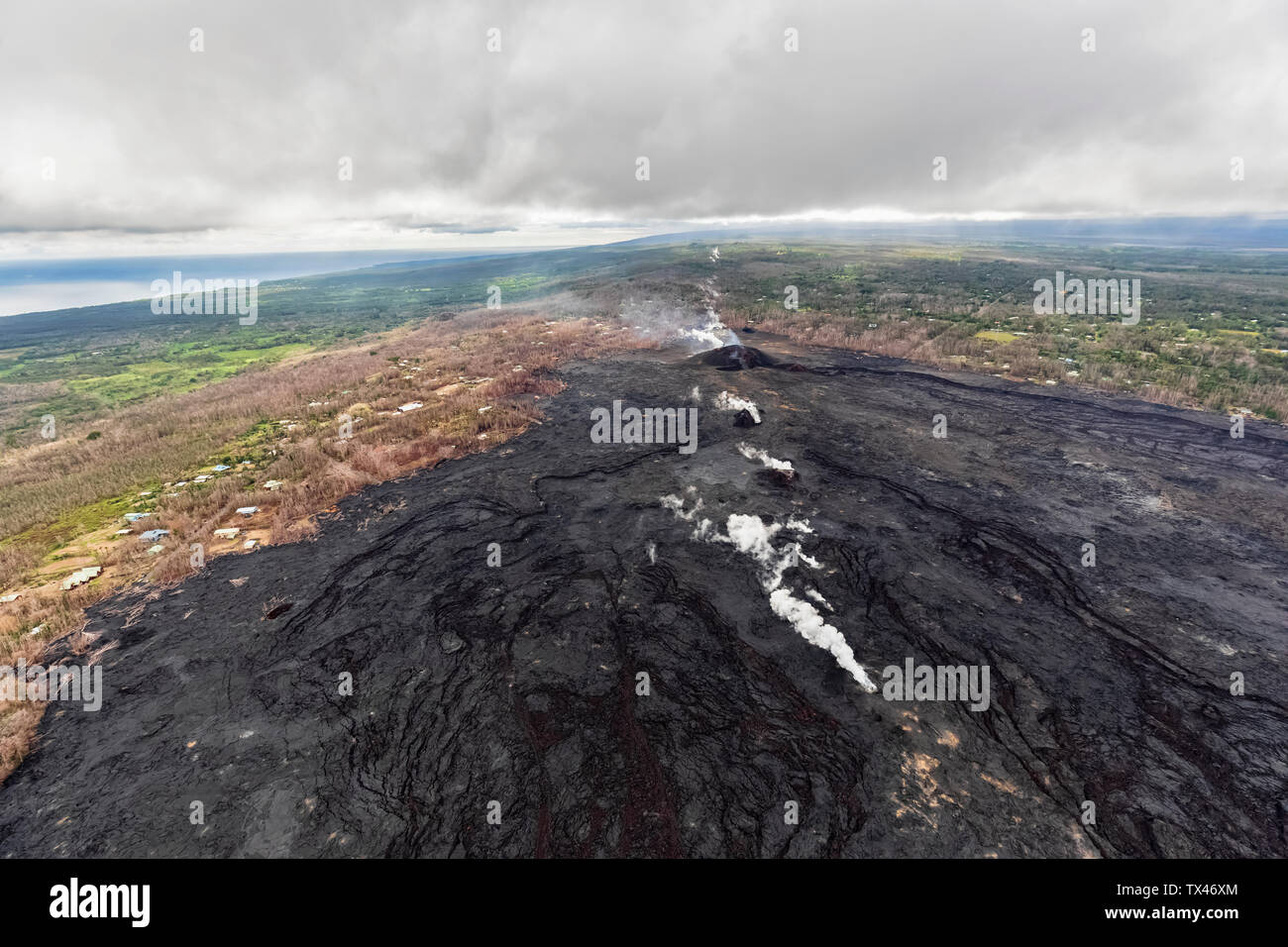 USA, Hawaii, Big Island, Luftaufnahme der Auswirkungen des Vulkanausbruchs in 2018 Stockfoto