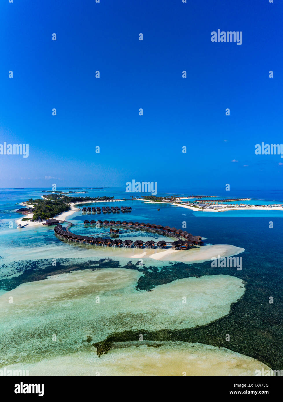 Malediven, Süd Male Atoll, Luftaufnahme von Resort auf der Insel Olhuveli und Bodufinolhu Stockfoto