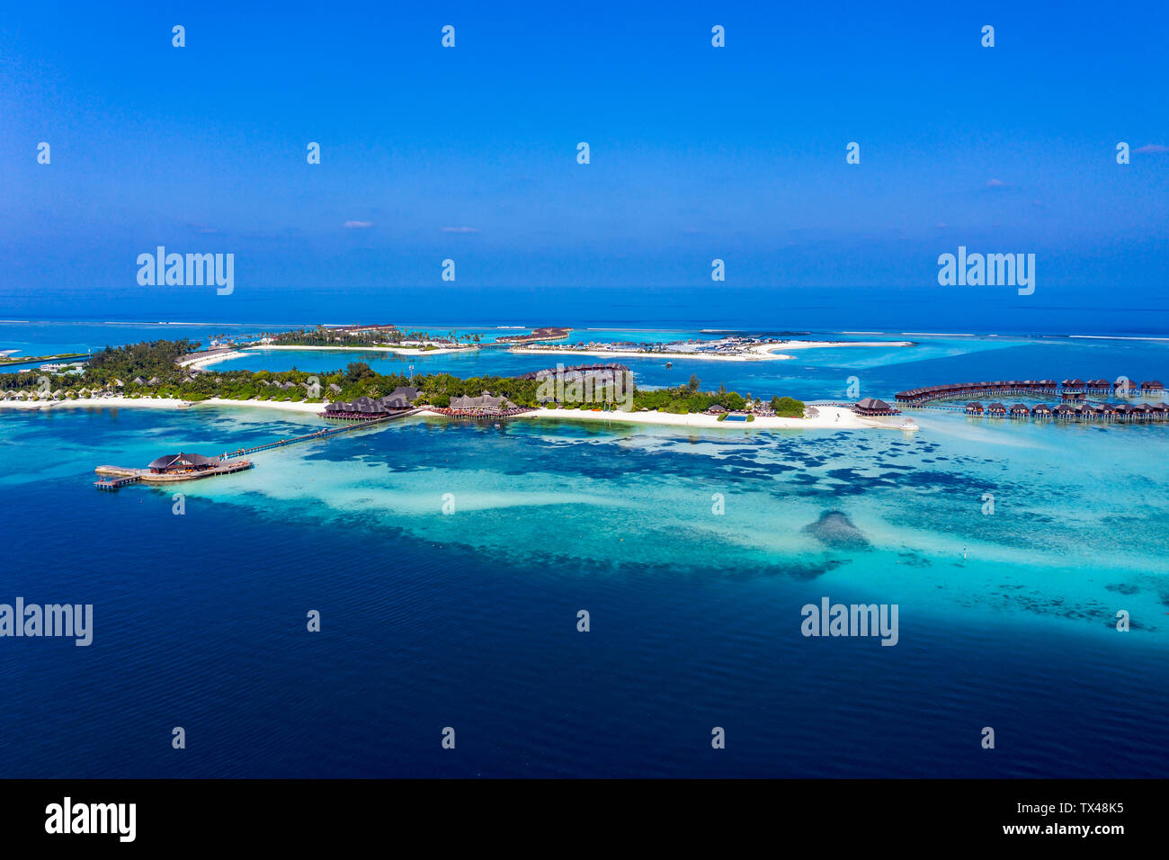 Malediven, Süd Male Atoll, Luftaufnahme der Insel Olhuveli Stockfoto