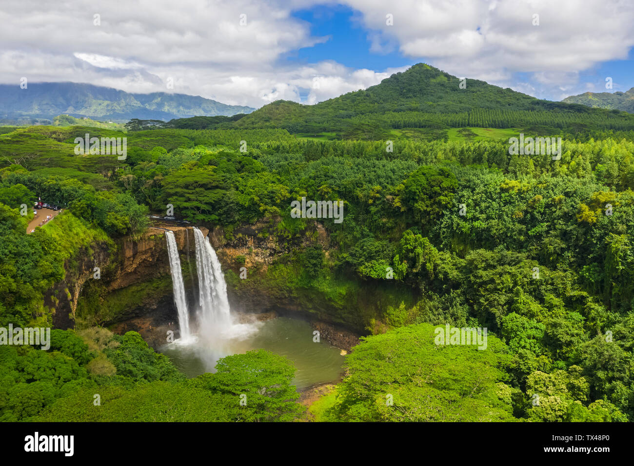 USA, Hawaii, Kauai, Wailua State Park, Wailua Wasserfälle, Luftaufnahme Stockfoto