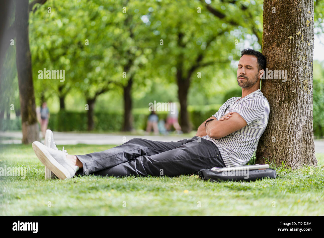 Mann gegen einen Baum im Park mit einem nap Schiefen Stockfoto