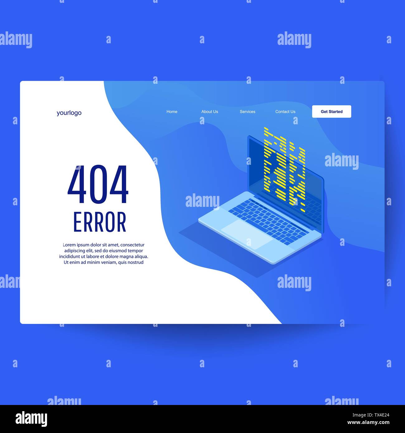 Wartung: Landing Page Template Datei nicht gefunden. Seite mit 404 Fehlerseite auf Laptop Display. Stock Vektor