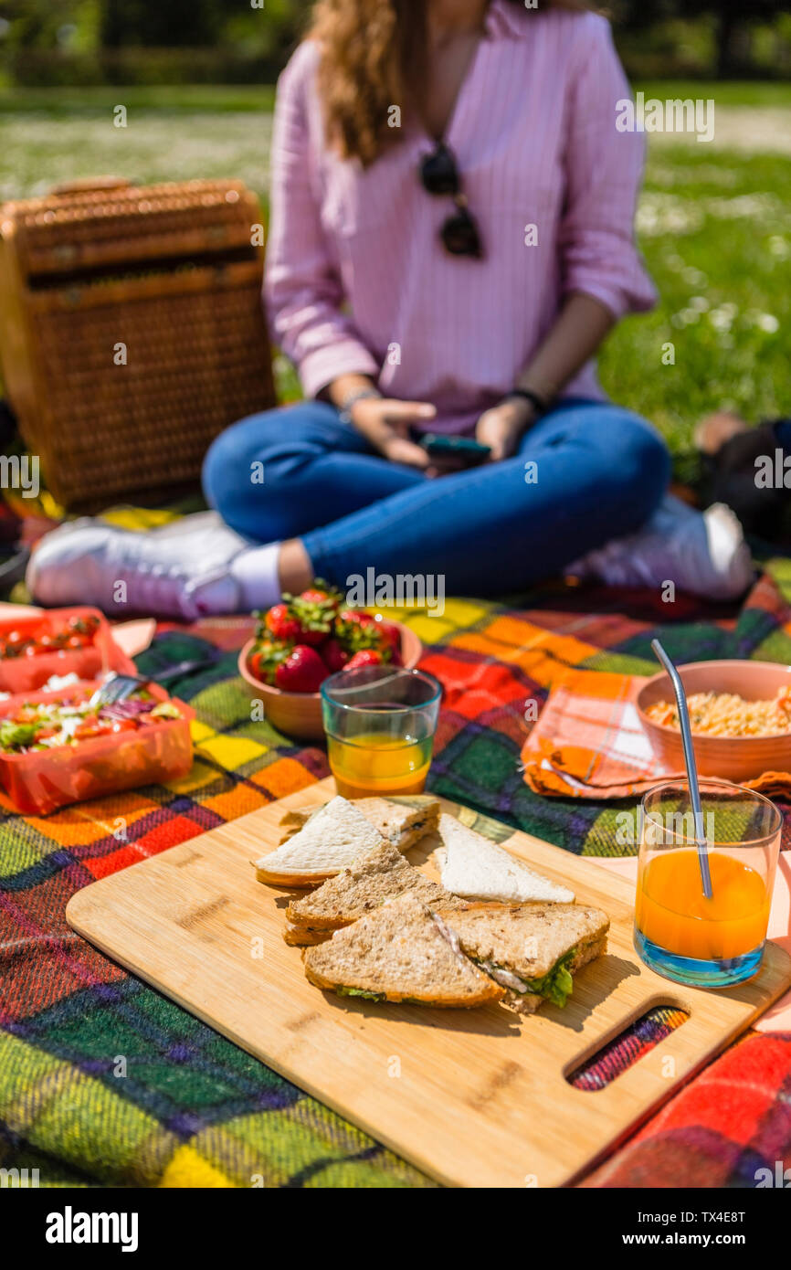 Junge Frau bei einem Picknick mit gesunden Lebensmitteln in einem Park Stockfoto