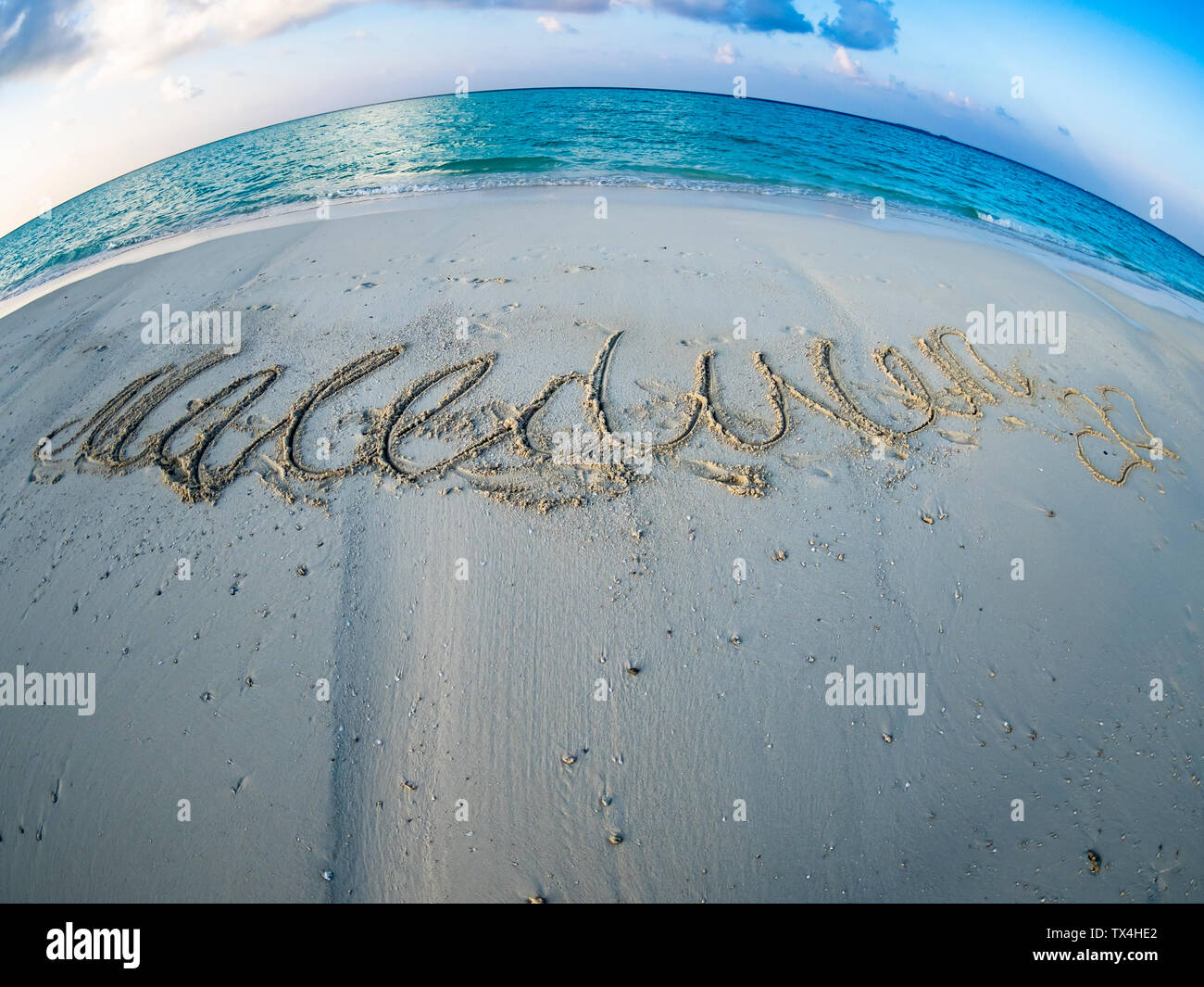 Malediven, Ross Atoll, Strand mit Schreiben Stockfoto