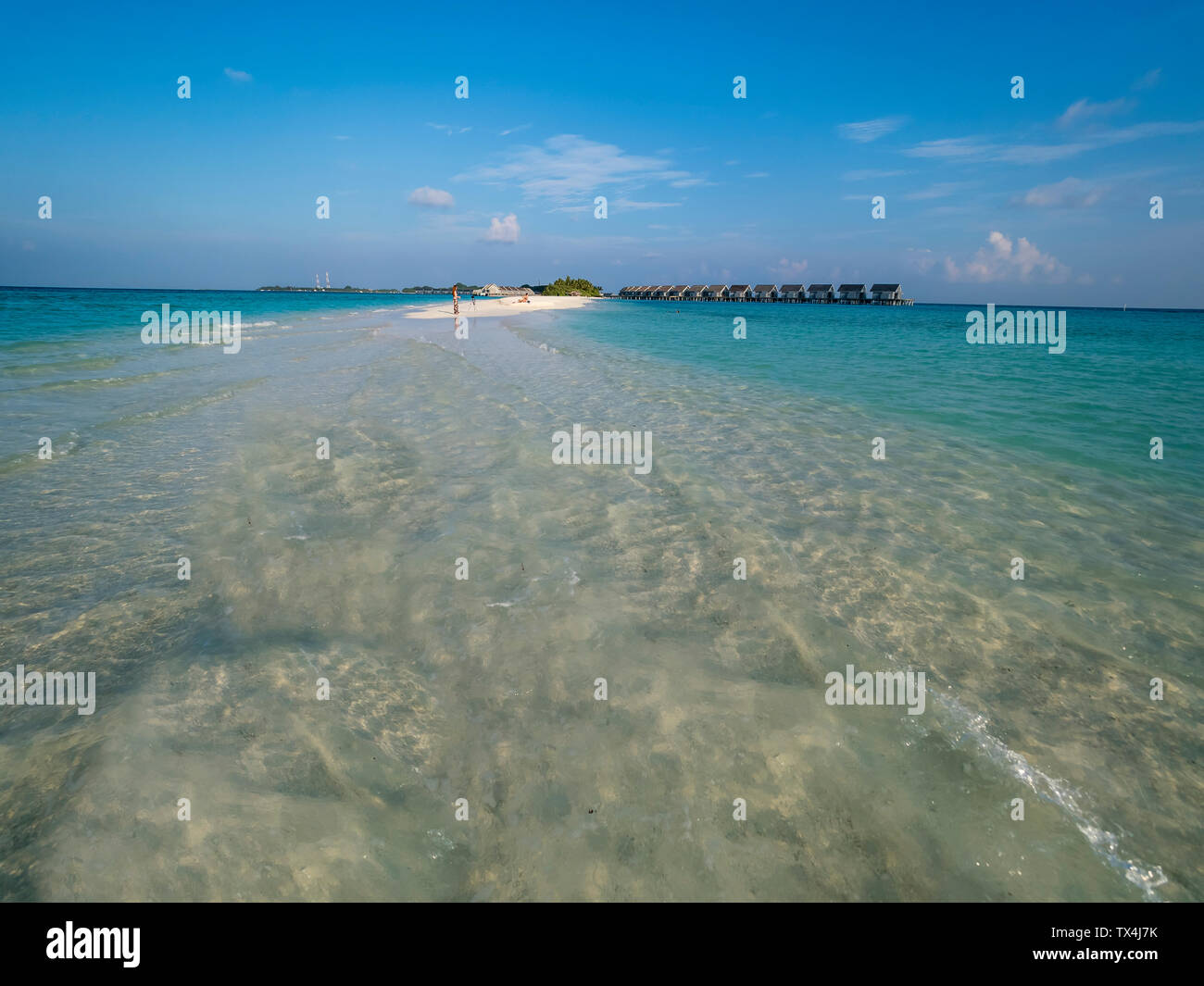 Malediven, Ross Atoll, Wasser Bungalows am Strand Stockfoto