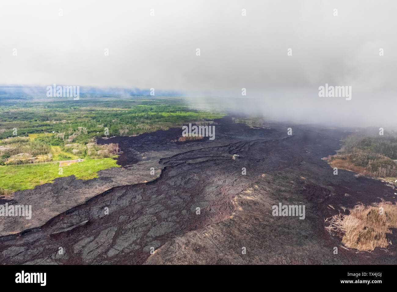 USA, Hawaii, Big Island, Luftaufnahme der Auswirkungen des Vulkanausbruchs in 2018 Stockfoto