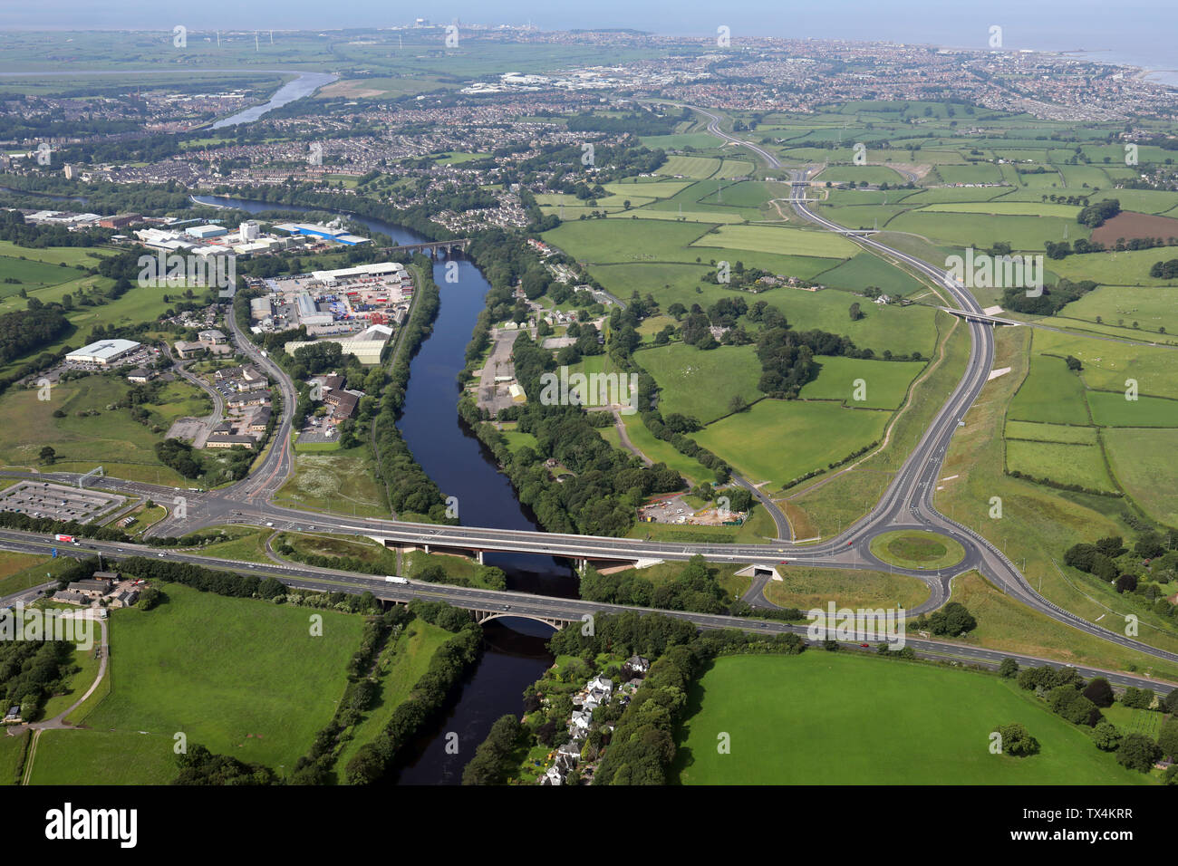 Luftaufnahme der Lancaster Nordumfahrung A683, Heysham zu M6 Link Road, Lancashire Stockfoto