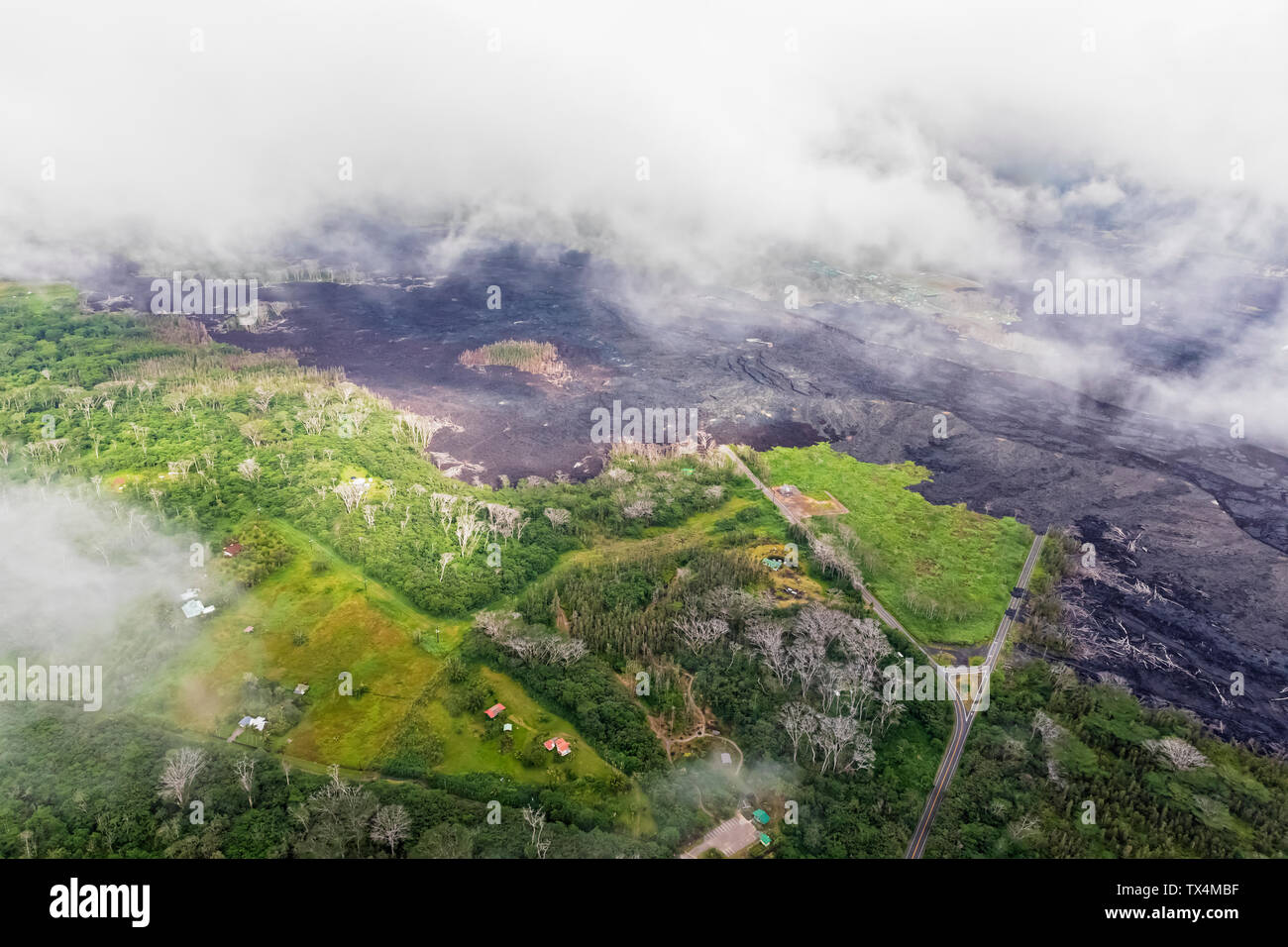 USA, Hawaii, Big Island, Luftaufnahme der Auswirkungen des Vulkanausbruchs in 2018 Stockfoto