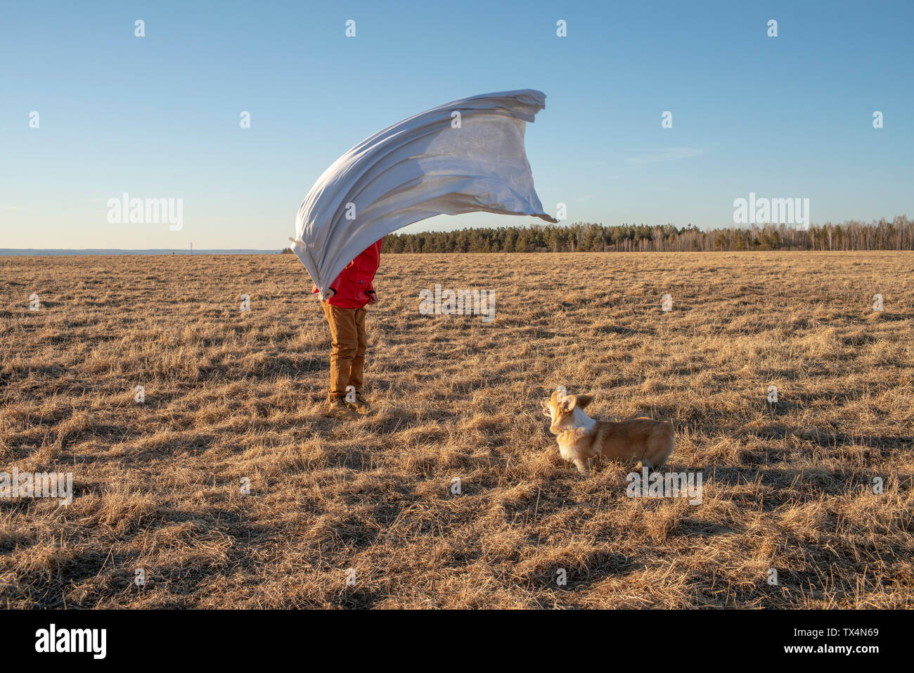 Hund und Junge mit Superheld Kostüm in Steppen Landschaft Stockfoto