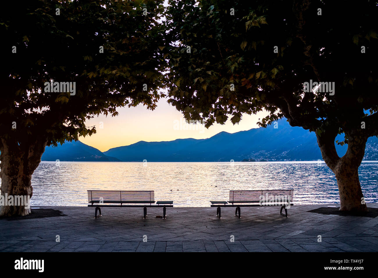 Bänke an den Lago Maggiore bei Sonnenuntergang, Ascona, Tessin, Schweiz Stockfoto