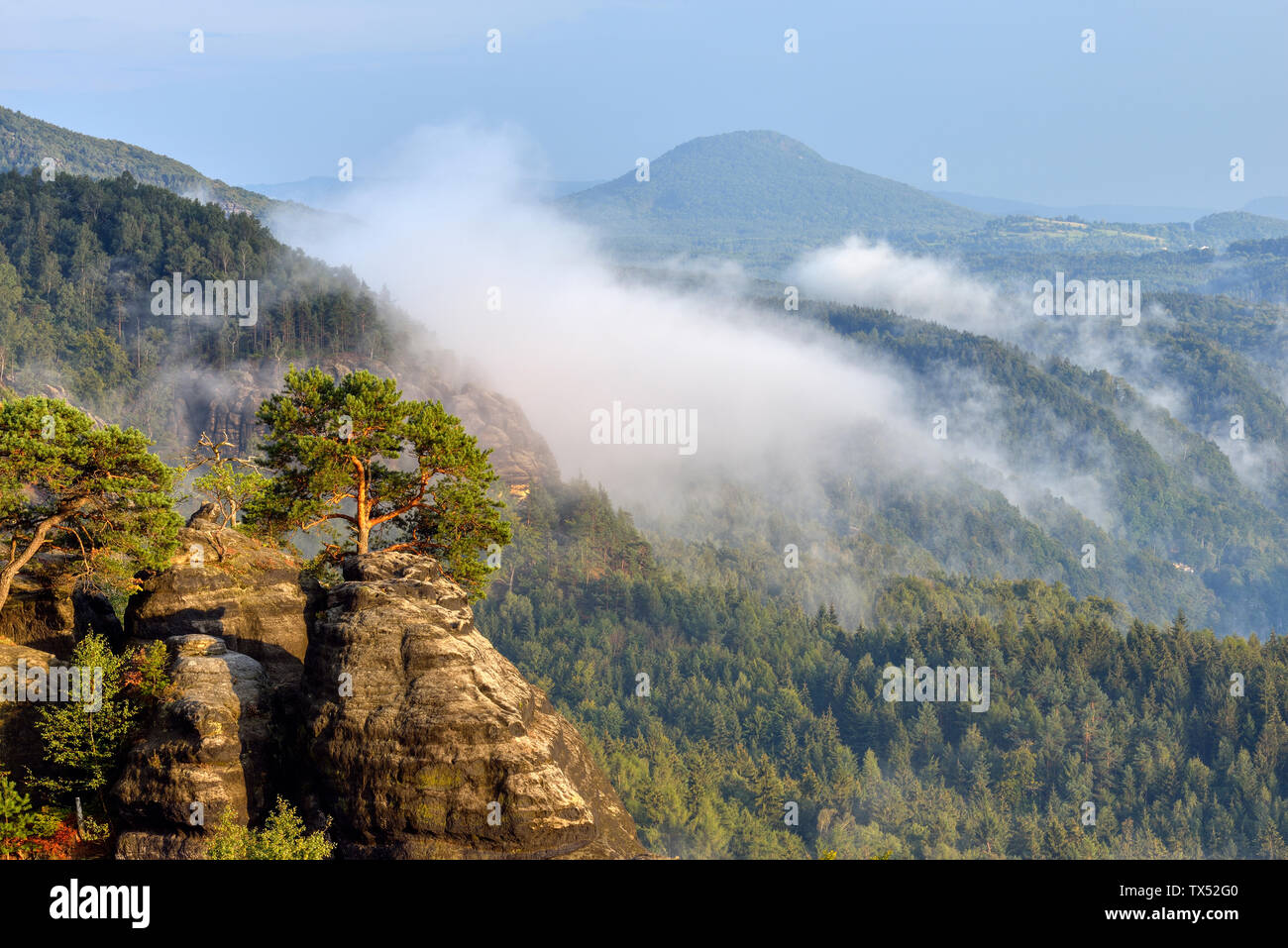 Deutschland, Sachsen, Elbsandsteingebirge, Blick von der Schrammsteine Sicht auf das Elbtal Stockfoto