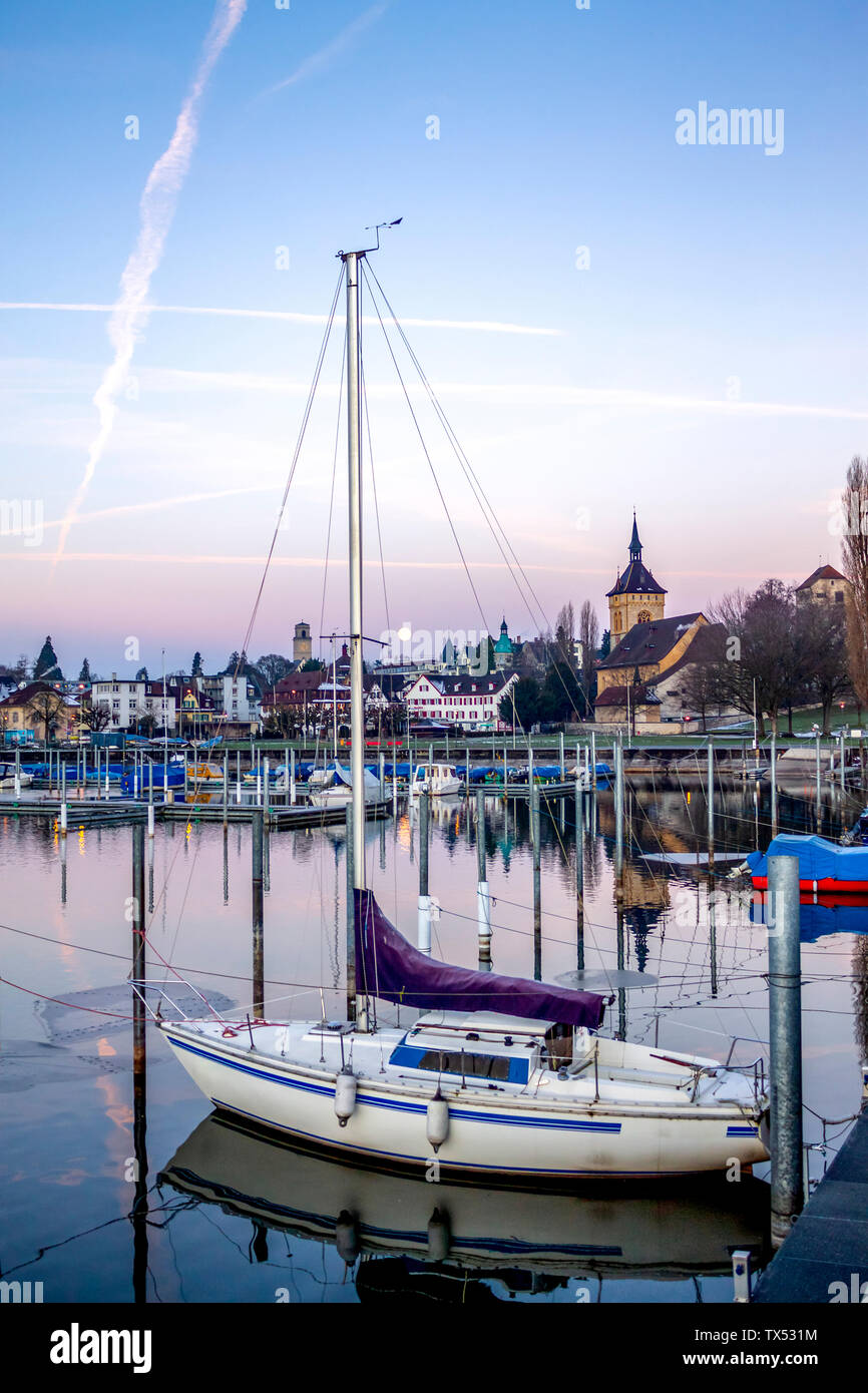 Schweiz, Arbon, Bodensee, Hafen im Winter Stockfoto