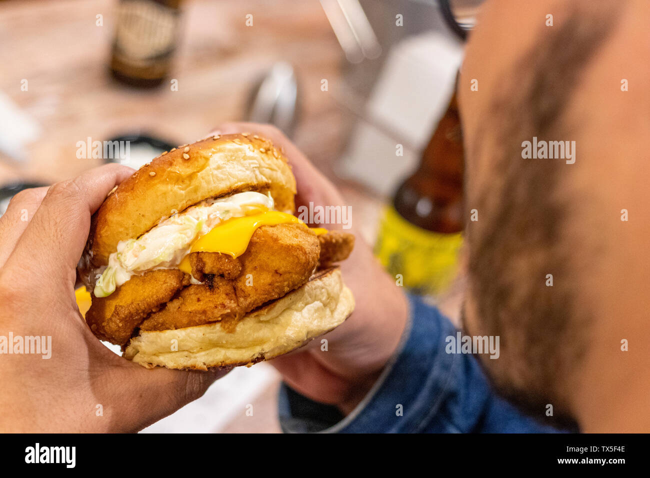 Junger Mann das Essen einer Chicken Burger mit Cheddar Käse Stockfoto