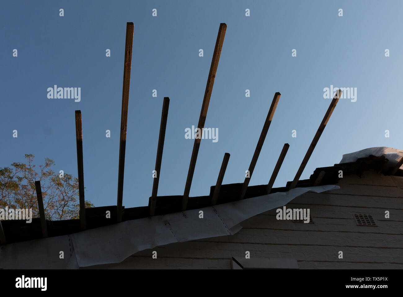 Eine Nahaufnahme der neuen Holzleisten, die in ein Dach installiert wurde. Stockfoto