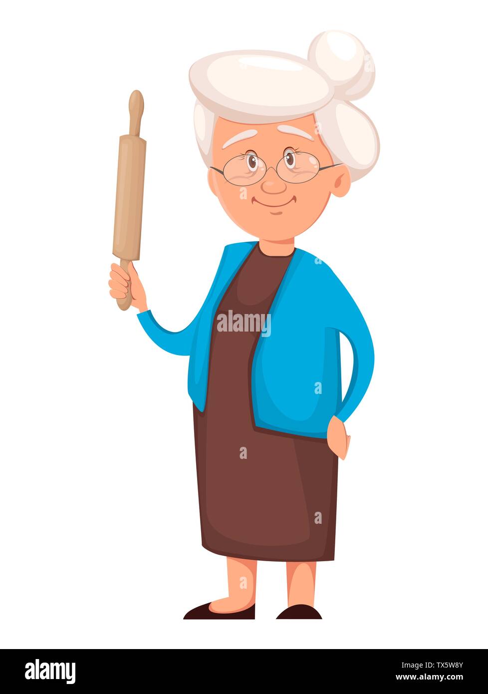 Großmutter holding Rolling Pin. Cute cartoon Charakter. Glücklich der Großeltern. Vector Illustration auf weißem Hintergrund Stock Vektor