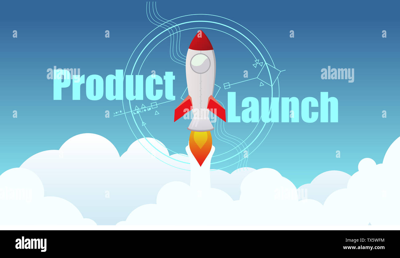 Rakete fliegen in den Himmel für Produkteinführung Web Banner, Präsentation, Print Konzept mit großen Text Flat Style Abbildung Stockfoto