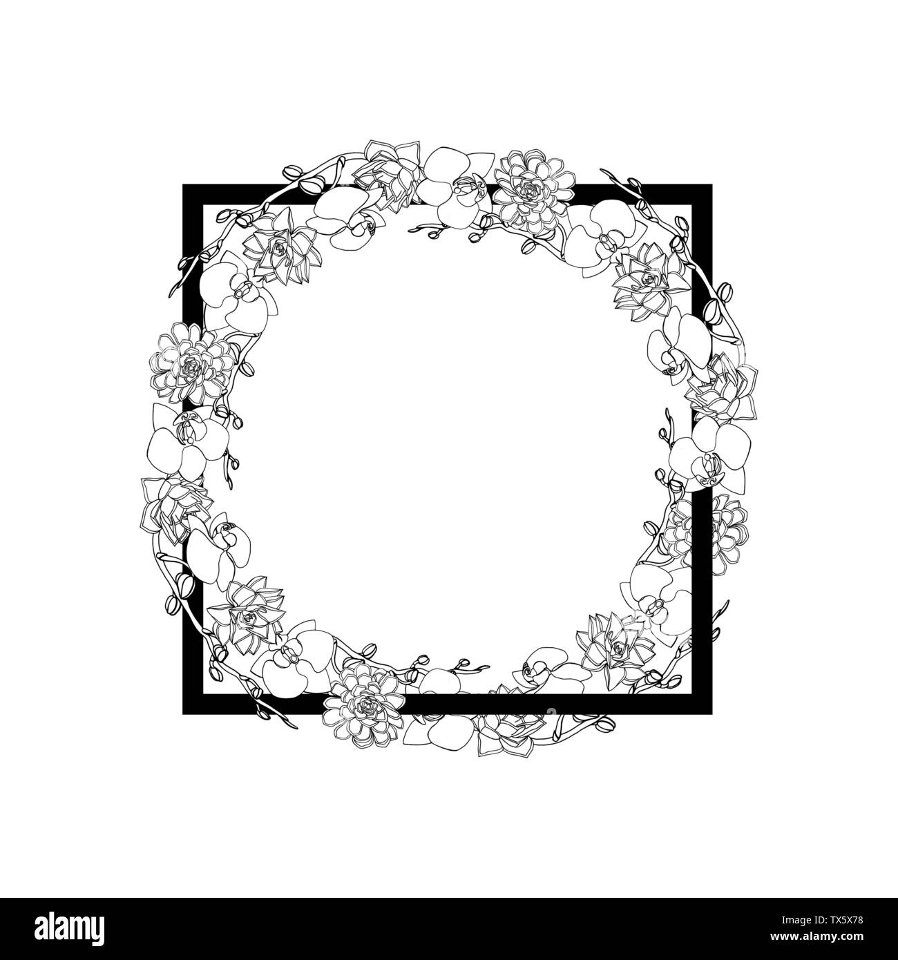 Hand gezeichnet Doodle style saftig und Orchideenblüten. Kranz. Floral Design Element. auf weißem Hintergrund. Vektor illustration Stock Vektor