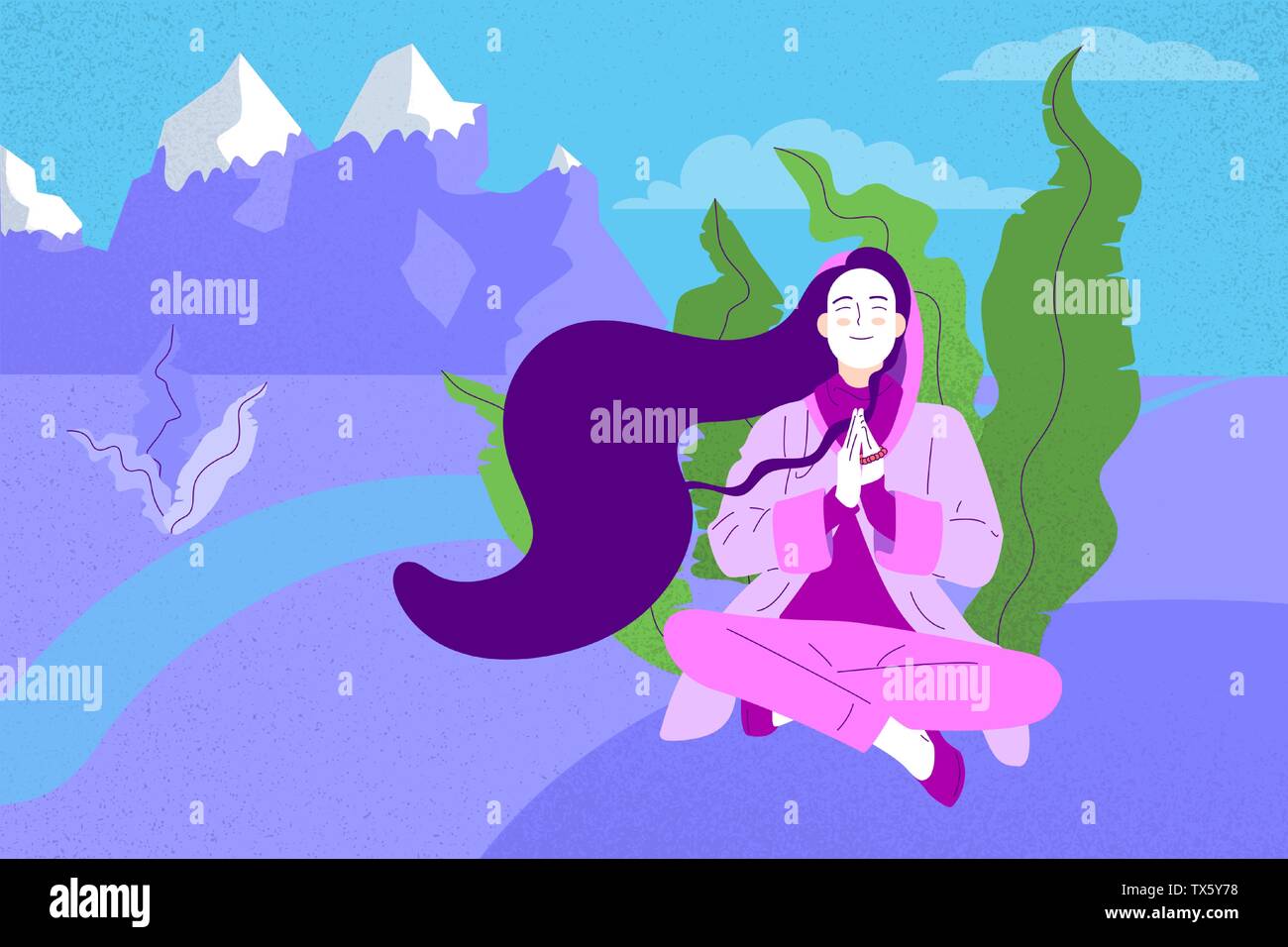 Flat Style Mädchen mit langen Haaren sitzen gekreuzt mit Gebet Geste in einer schönen Landschaft legged, Landschaft mit Bergen und Fluss, Vektor il Stock Vektor