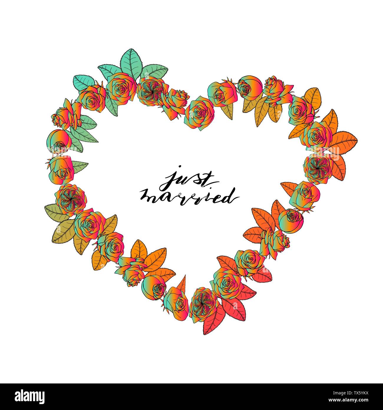 Hand gezeichnet doodle Stil rosa Blüten Herz Kranz. handschriftliche Schriftzug Just Married. Floral Design Element. auf weißem Hintergrund. Sto Stock Vektor