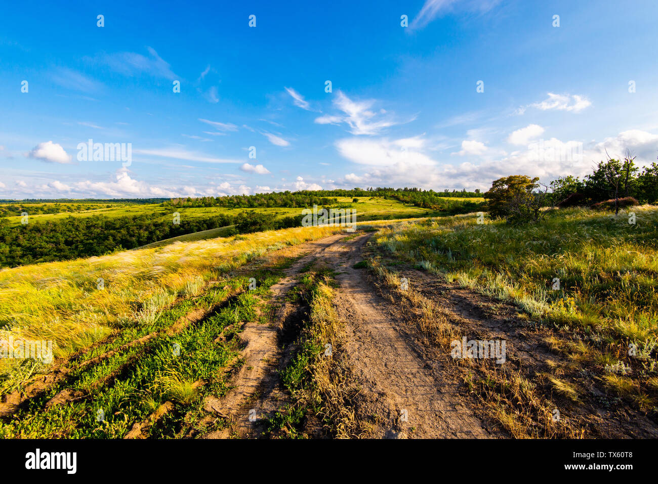 Die malerische Landschaft Landschaft mit ländlichen Feldweg mit blauem Himmel Stockfoto