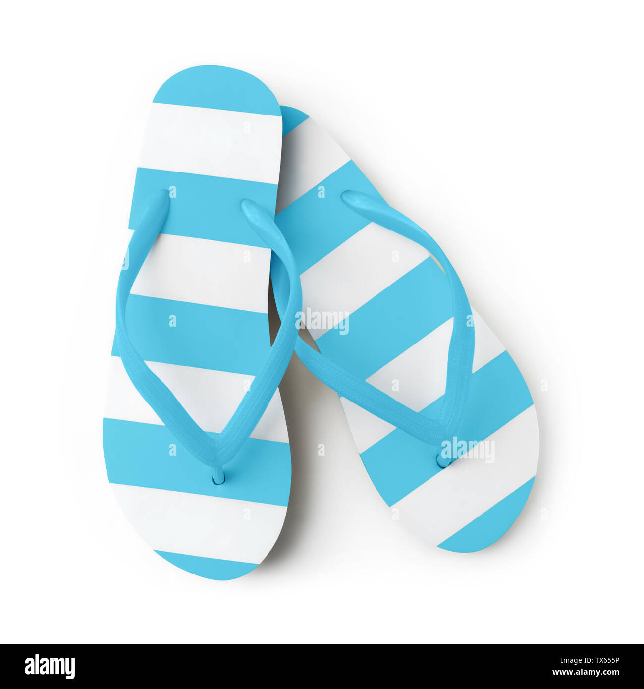 Blick von oben auf die Sommer Strand light blue Flip Flop auf weißem Hintergrund Meer Urlaub Urlaub und Reisen Konzept isoliert Stockfoto