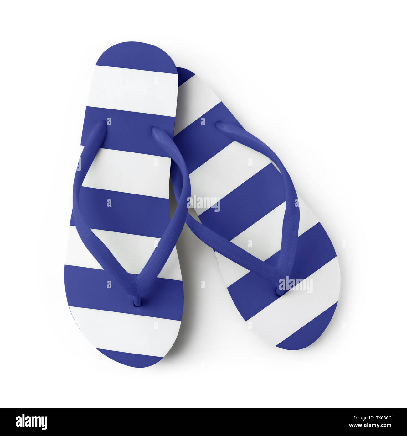 Blick von oben auf die Sommer Strand blue Flip Flop auf weißem Hintergrund Meer Urlaub Urlaub und Reisen Konzept isoliert Stockfoto