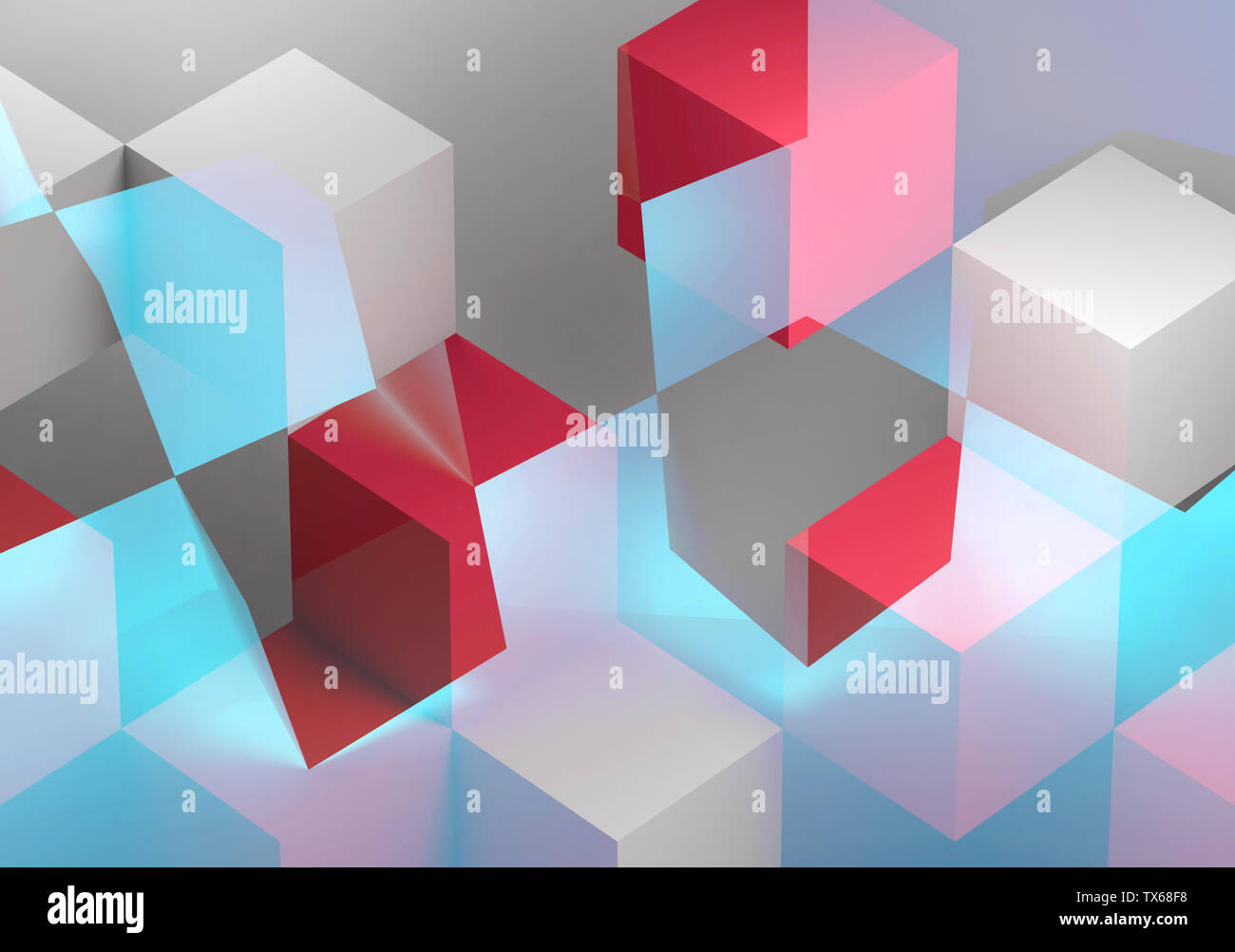 Abstrakte Digitale grafik hintergrund, geschnitten Weiß, Blau und Rot Würfel Strukturen. 3D Rendering illustration Stockfoto