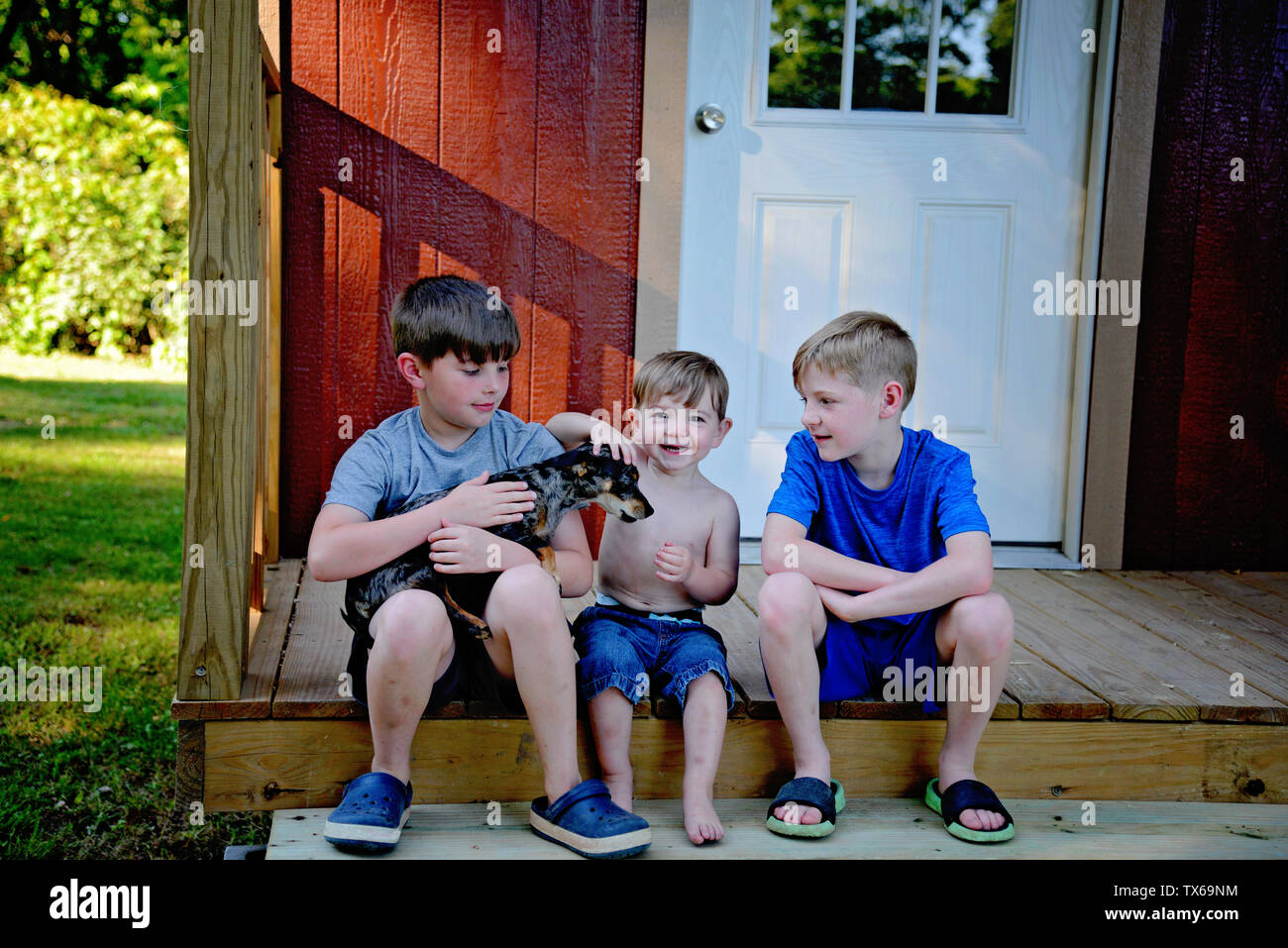 Drei Jungs sitzen auf Schritte zusammen mit Chiweenie Hund Stockfoto