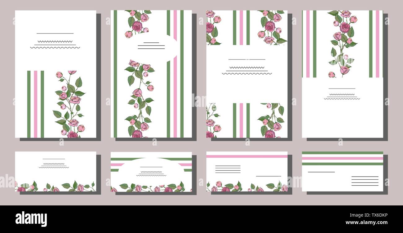 Eingestellt von floralen card Templates mit Hand gezeichnet rosa Rosen. Verwenden Sie für Einladungen, Grußkarten, Hochzeit Karten, romantisches Design, festliche Ankündigungen Stock Vektor